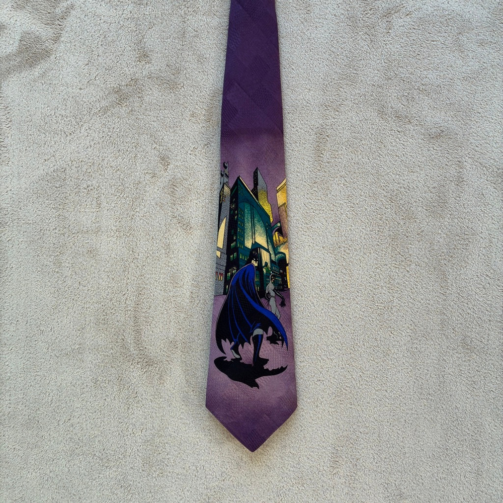 Vintage Men's Batman Purple Blue Cityscape Character Tie One Size